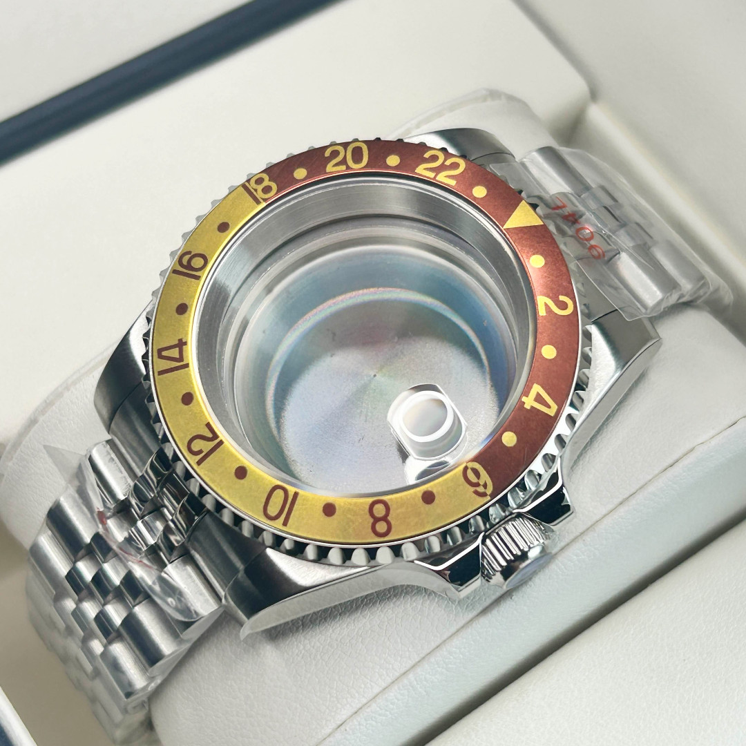 40MM Watch Case Retro Gold Red GMT Mod Bezel Sapphire Glass Fit NH34 NH35A NH36