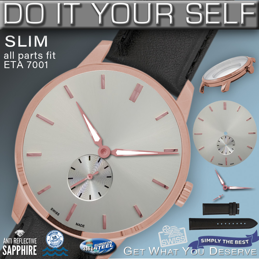 DO IT YOURSELF KIT : SLIM CASE 41MM ROSE GOLD, SILVER , HANDS, BR, fit ETA 7001