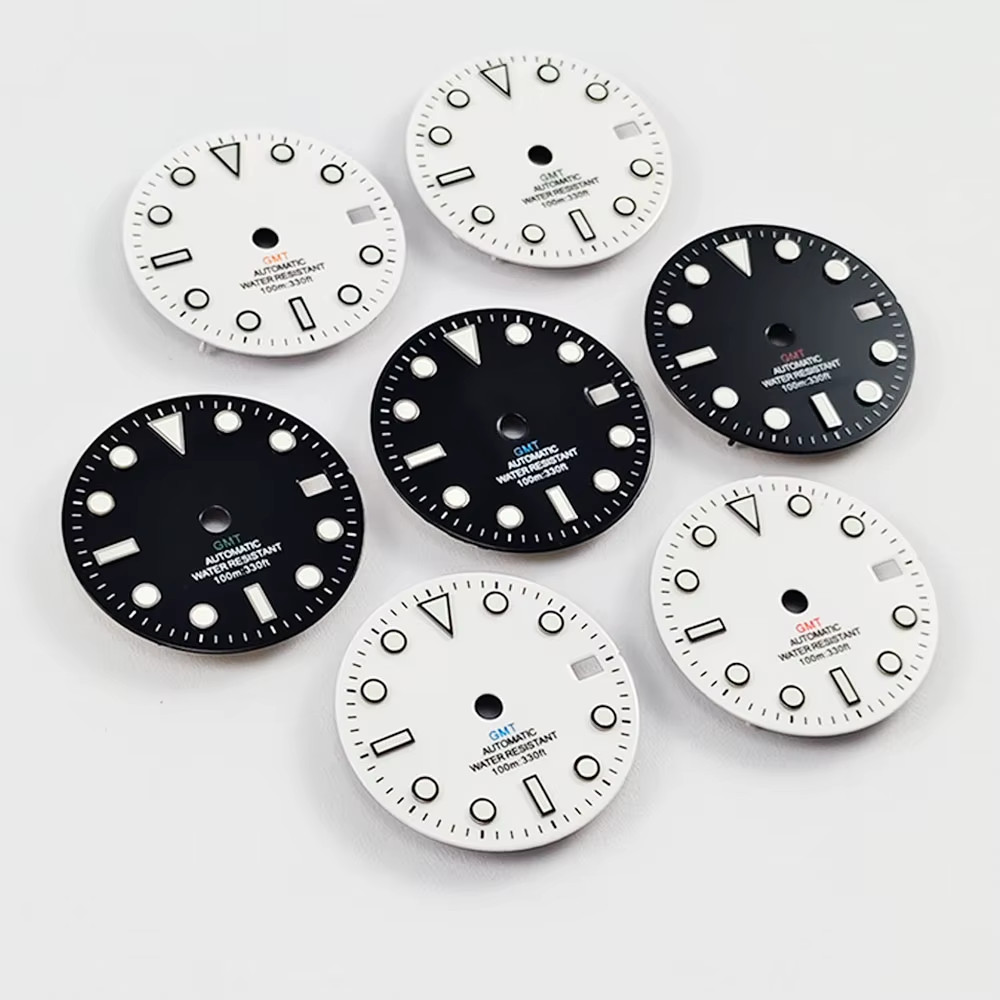 GMT 28.5Mm NO Logo Gloss Watch Dial White Black Mark Blue Green Luminous Fit NH3