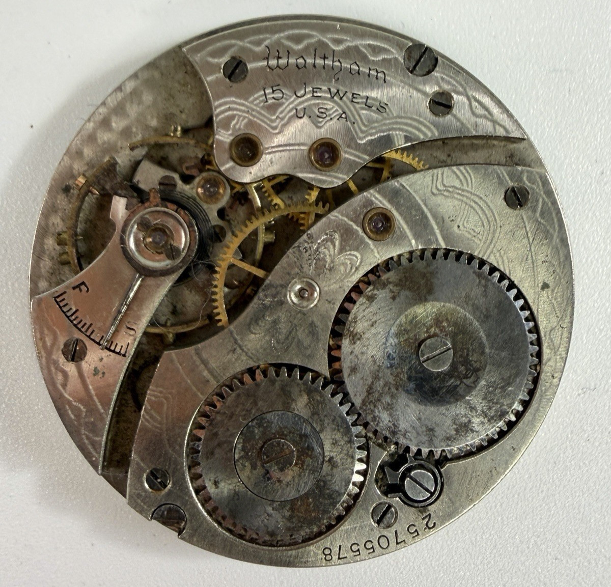 Vintage 1928 Waltham 15 Jewel Pocket Watch Movement Art Deco Dial Parts