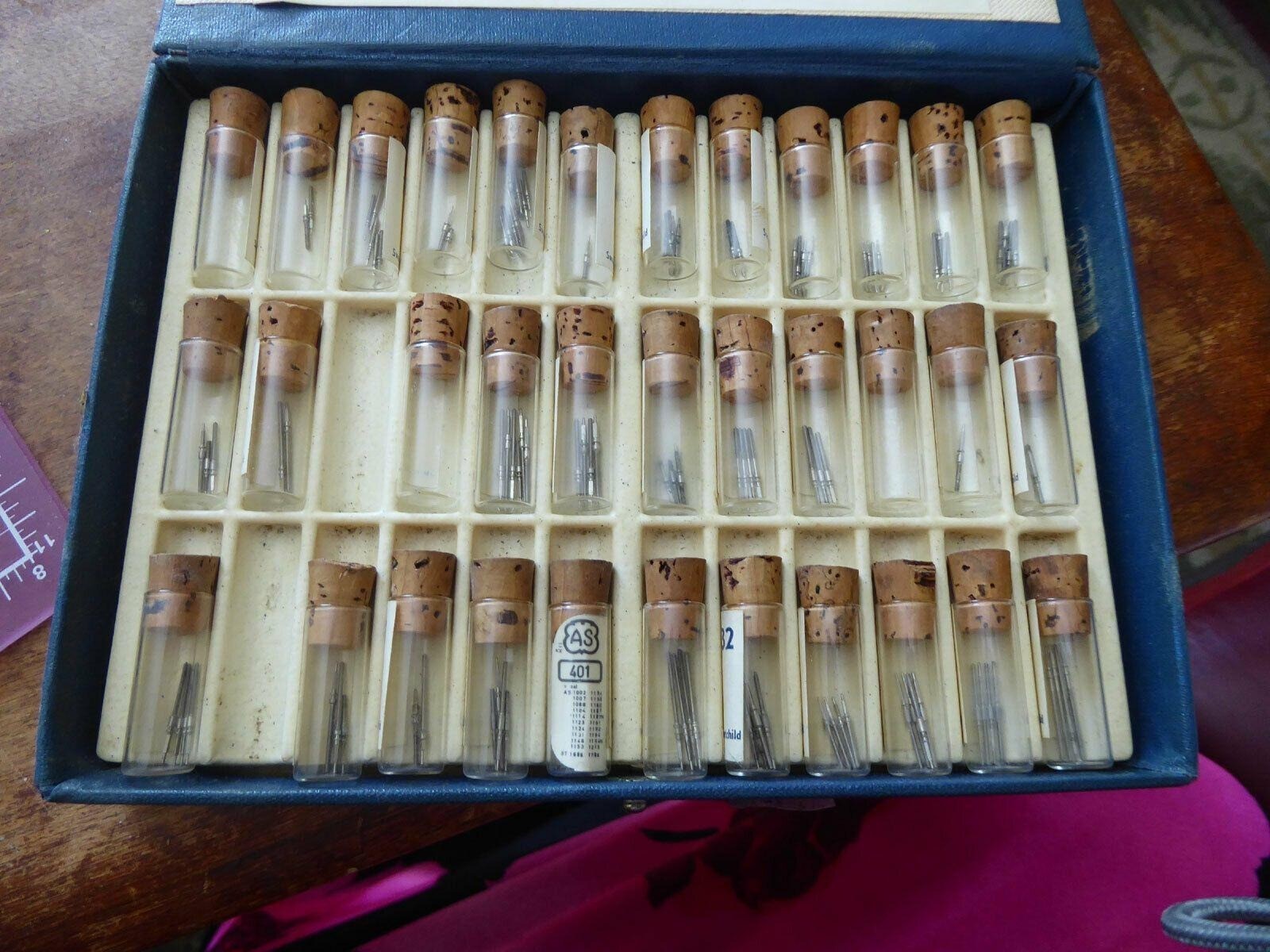 Vtg Swartchild Stem Assortment No 90318 Watchmaker Kit 34 Vials w/ Parts & Chart