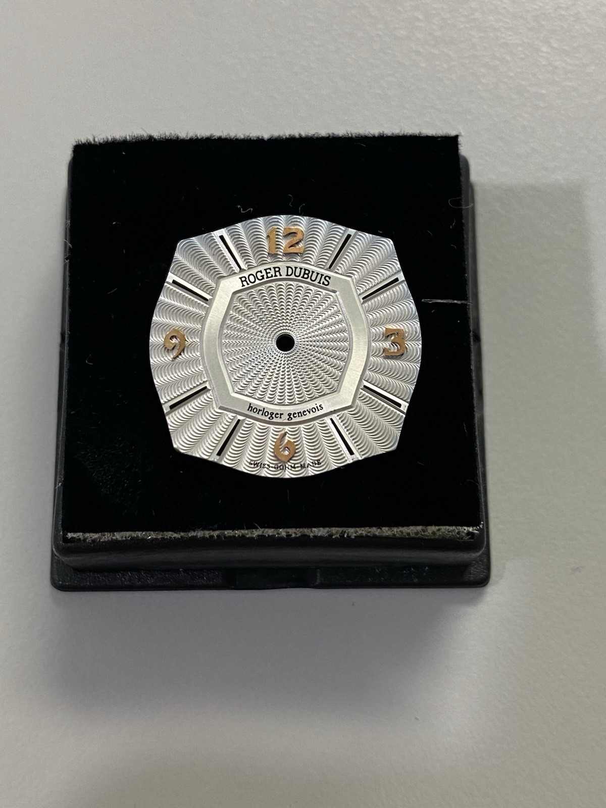 Roger Dubuis silver guilloche watch dial face gold Arabic numerals, silver/gold