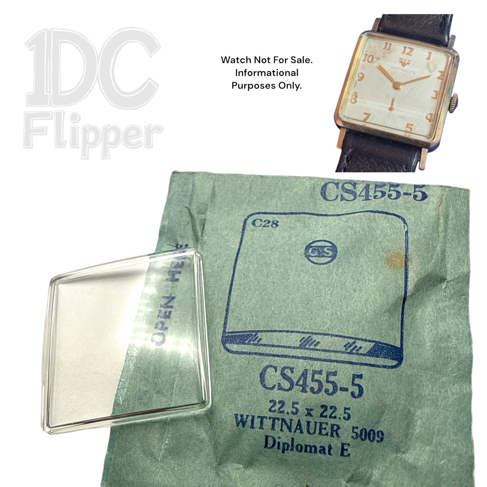 Wittnauer Watch Crystal G-S CS455-5 22.5 x 22.5 Case 5009 Square Shape NOS