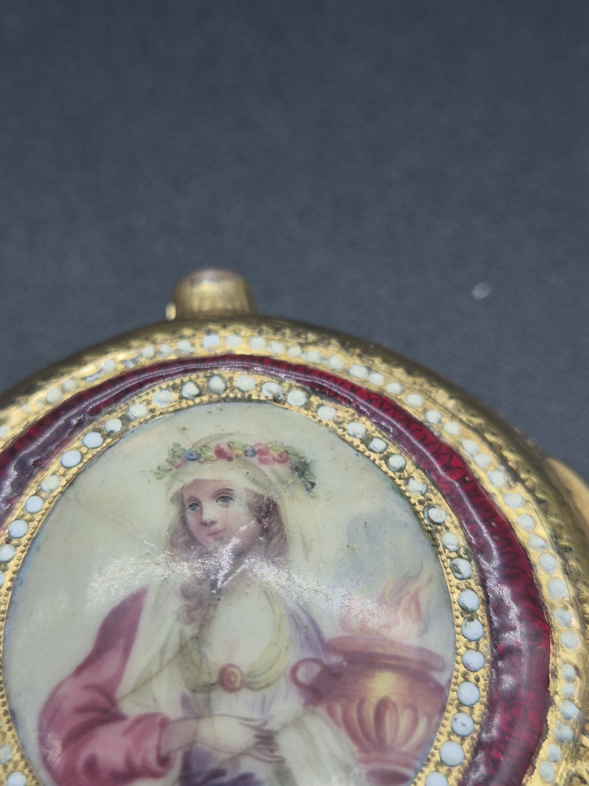 Antique Pocket Watch Case 18th Century Hand-Painted Enamel Virgin Vestal