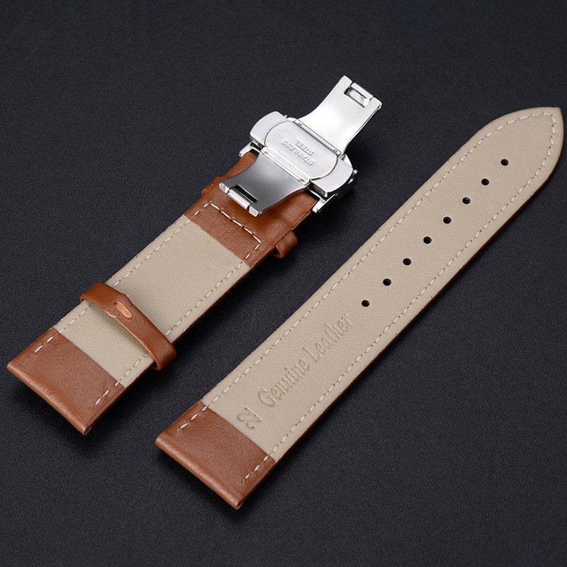 14mm-24mm Genuine Leather Watch Strap Butterfly Buckle Unisex Two Layer