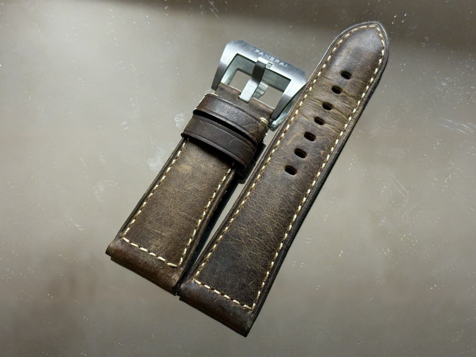 Authentic Panerai 26mm Brown Antique Look Strap. With Steel Tang Buckle.