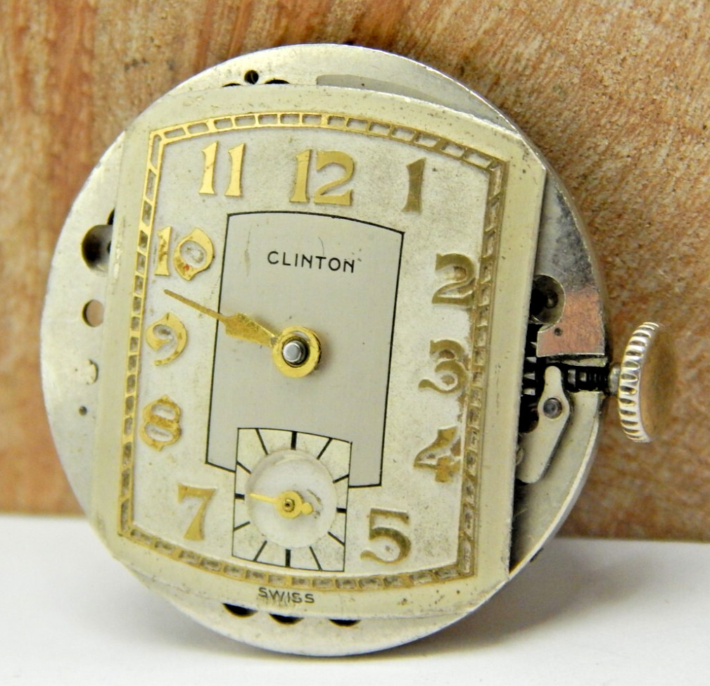 Vintage Clinton 17 jewel men’s wrist watch movement with dial hand and crown