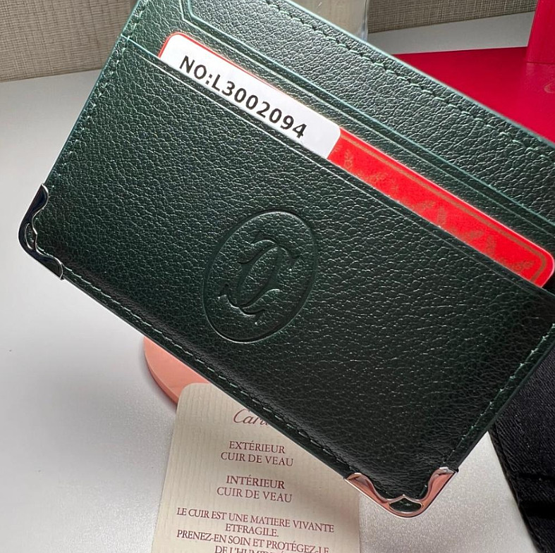 Cartier Must de Cartier Green Leather Double Card Holder Wallet NIB New Box