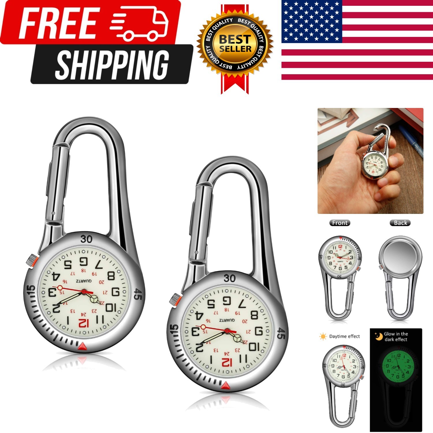 2 Pieces Clip on Quartz Watch Backpack Fob Belt Glow in The Dark Unisex Pocke…