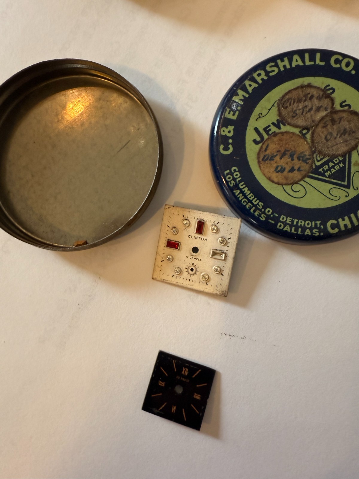 VTG LOT 1940’s 50’s Men’s Watch Dial Square Ruby Clinton De Frece Black tin 20mm