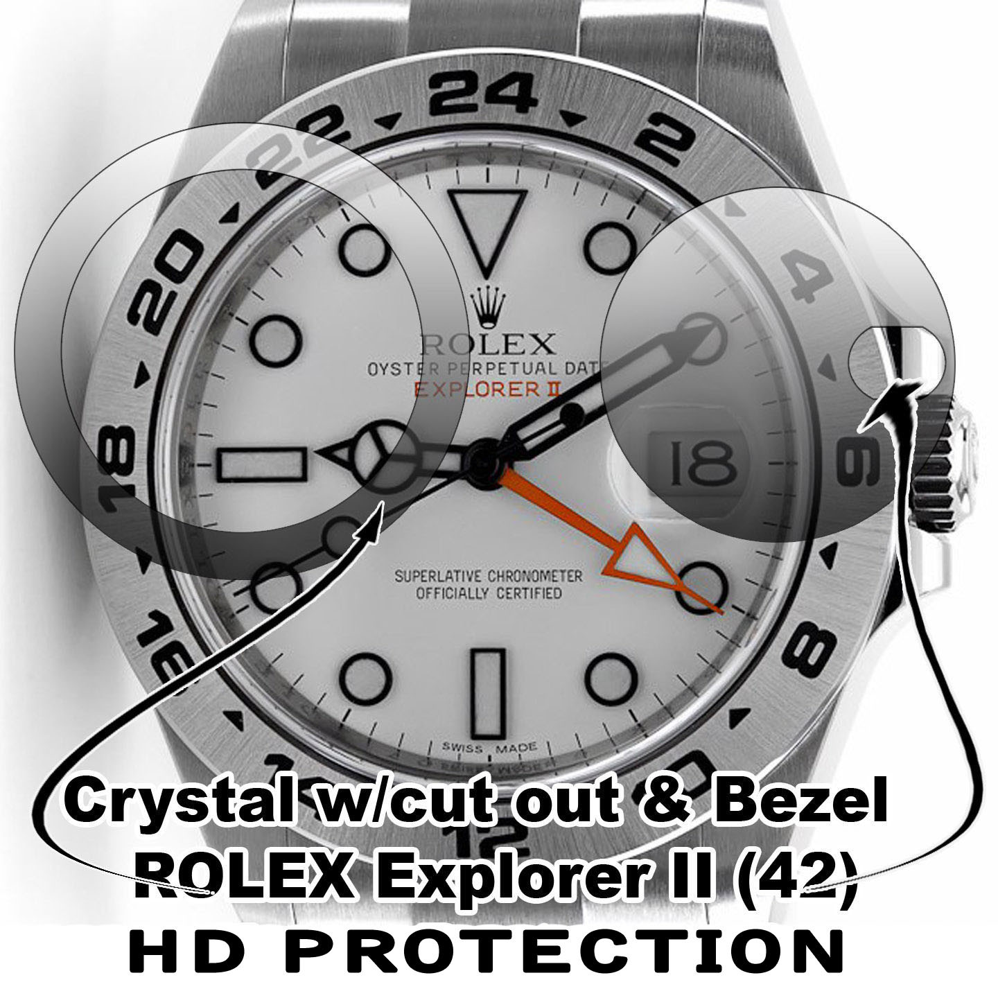 For-Rolex Explorer II Crystal Protector HD anti-scratch, wDate Window + Bezel