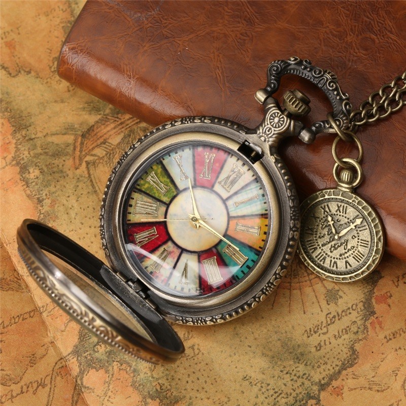 Colorful Quartz Pocket Watch Roman Numeral Pendant Necklace For Women