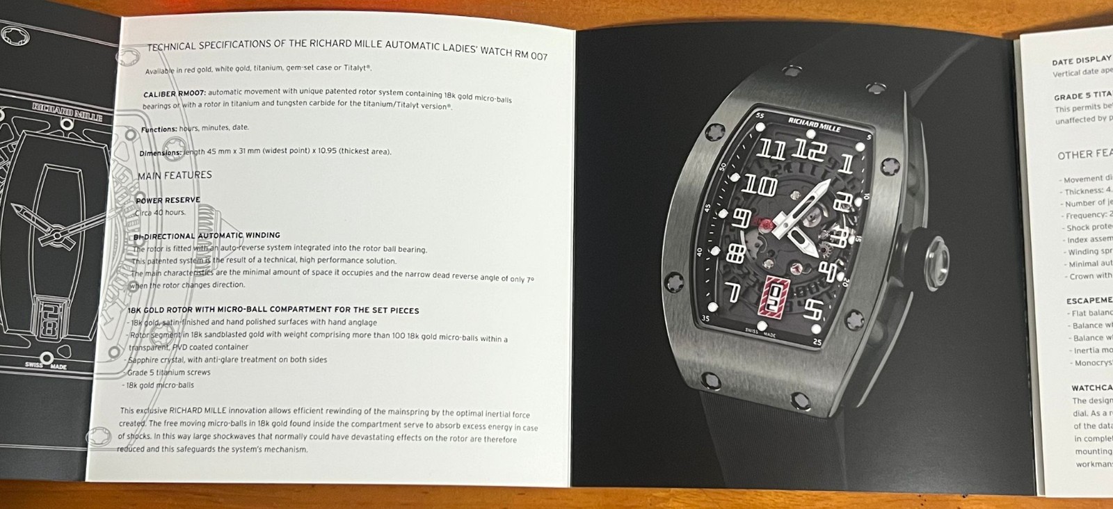 RARE Richard Mille RM007 Boutique Exclusive Technical Specification Leaflet