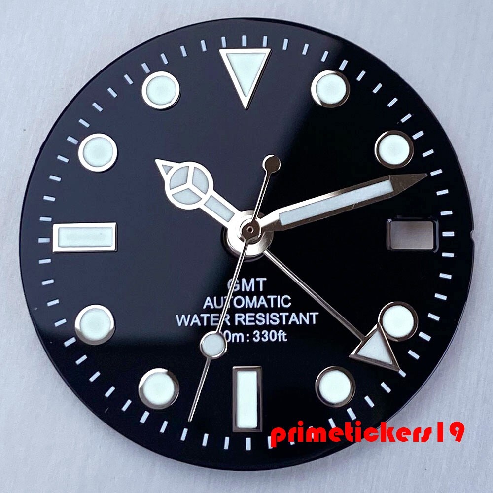 29mm NH34 GMT Watch Dial Black/Blue/Green Sterile Face Hands Set Date Luminous