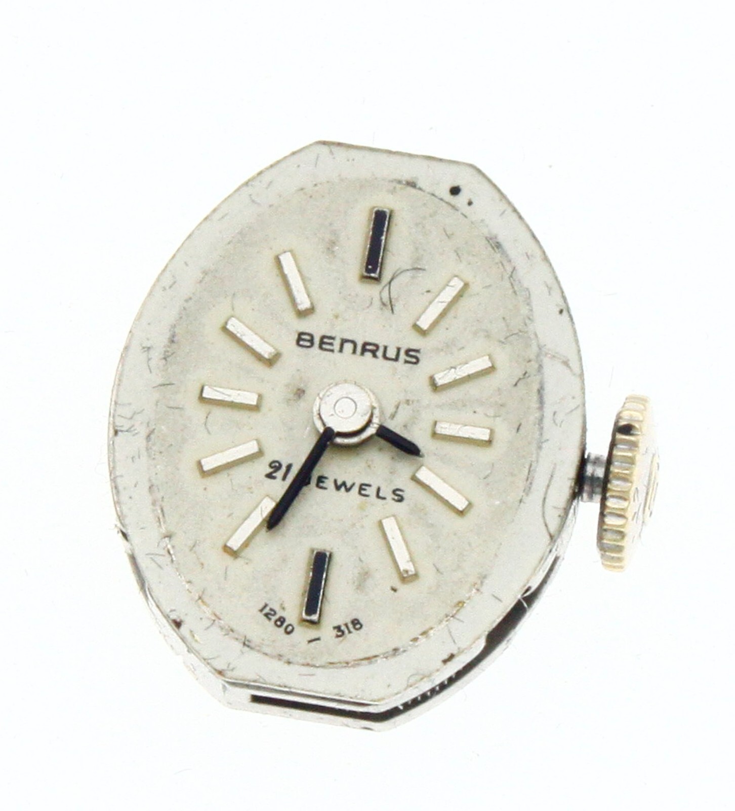 Benrus HM4B83 Used Watch Movement 5.75 x6.75”’ 23 J With Dial Hands Stem Crown