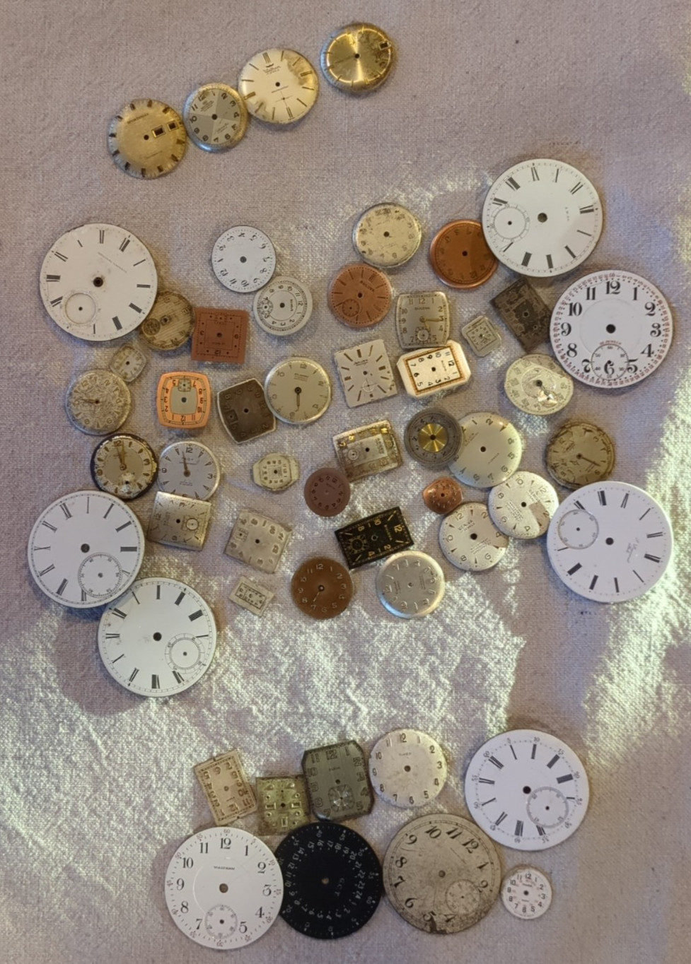 Lot of 55 Watch/Pocket Watch Dials. Wakmann, Bulova Accurton, Waltham, Sportsman