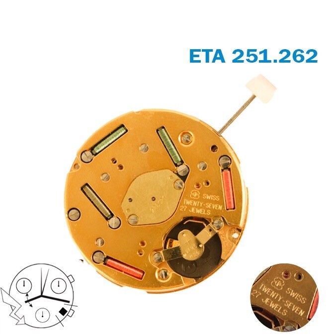 ETA 251.262 Swiss Movement, White Date Disk at 4:30, Chronograph, 27 jewels.