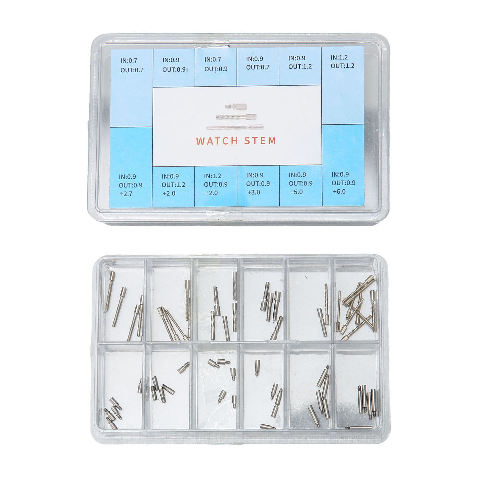 60Pcs 0.7mm-0.9mm Stainless Steel Watch Winding Stem Extender Assortment Box C