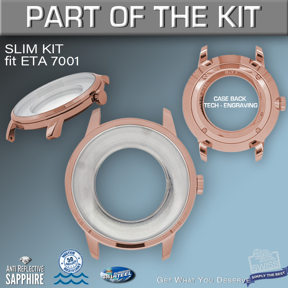 DO IT YOURSELF KIT : SLIM CASE 41MM ROSE GOLD, SILVER , HANDS, BR, fit ETA 7001