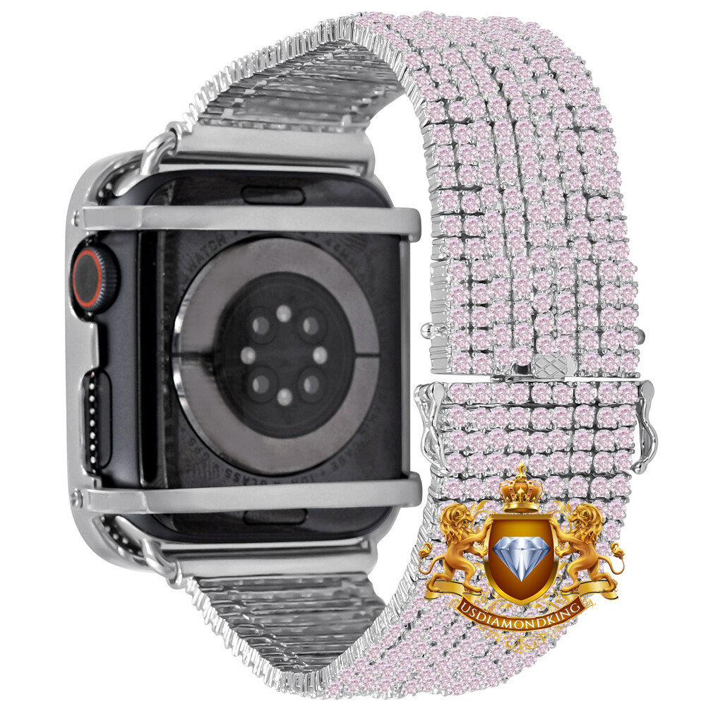 White Tone Pink Apple Watch Custom Pave Bezel & Band Combo Set 44mm Fit # 4,5,6