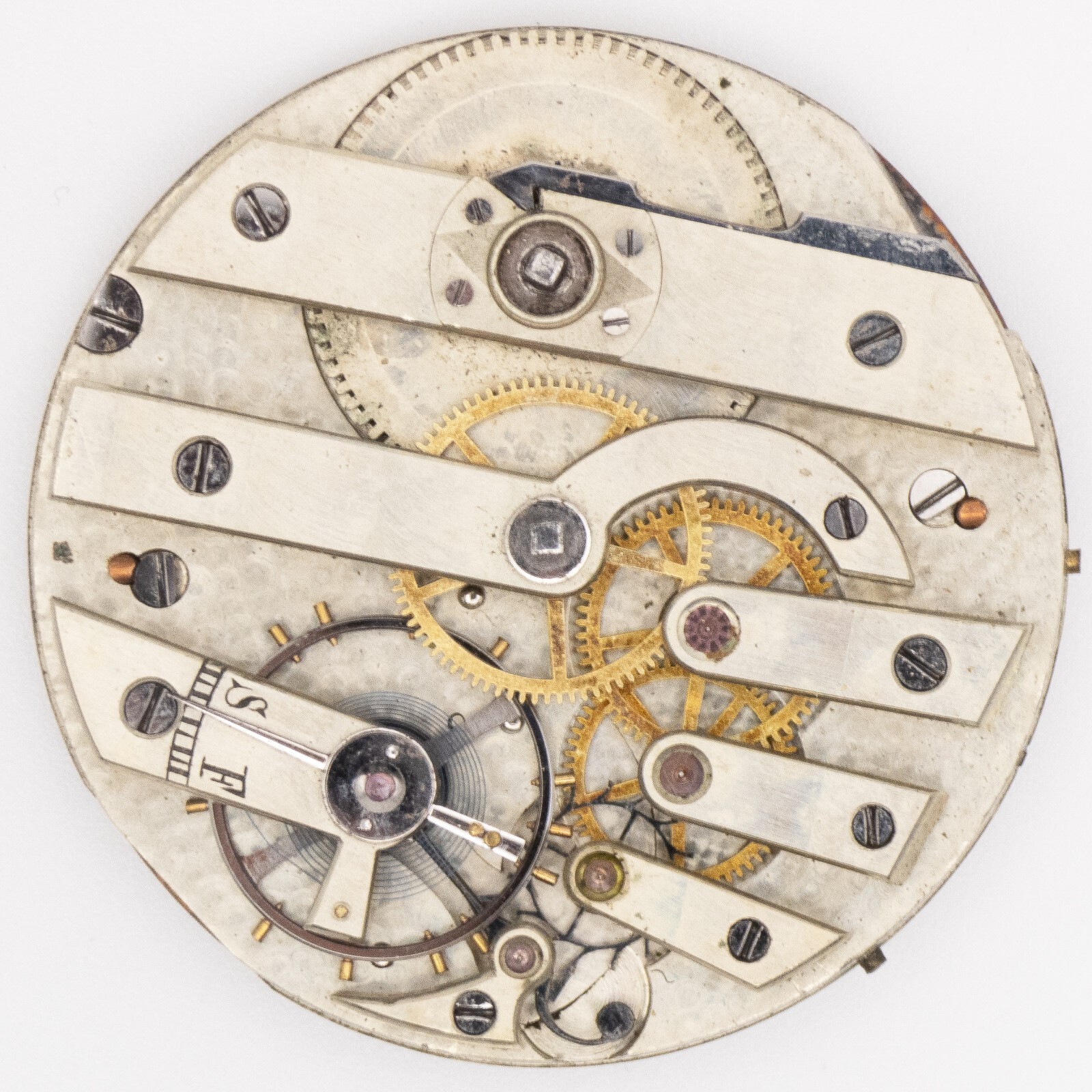Jules Huguenin 36 x 8.6 mm Key W / S Antique Pocket Watch Movement, Keeps Time