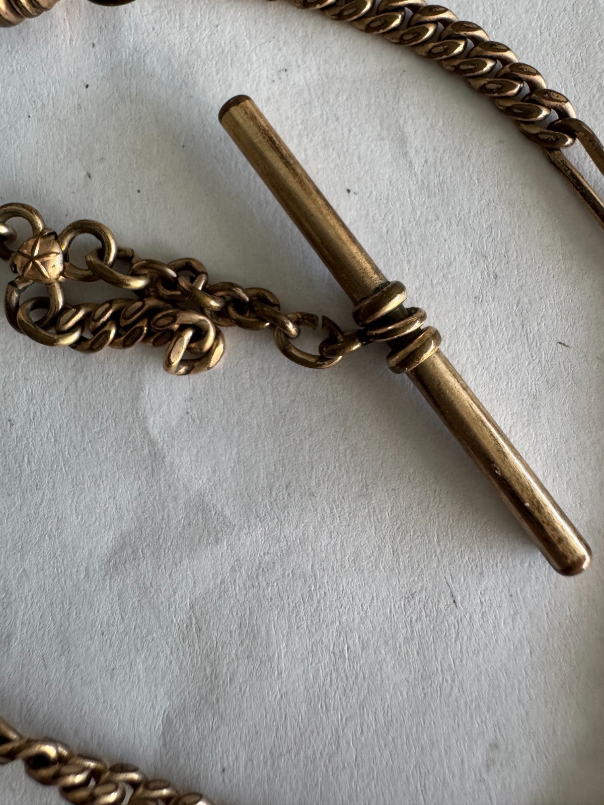 VINTAGE 11 INCH POCKET WATCH CHAIN T-BAR YELLOW GOLD FILLED VERY WORN