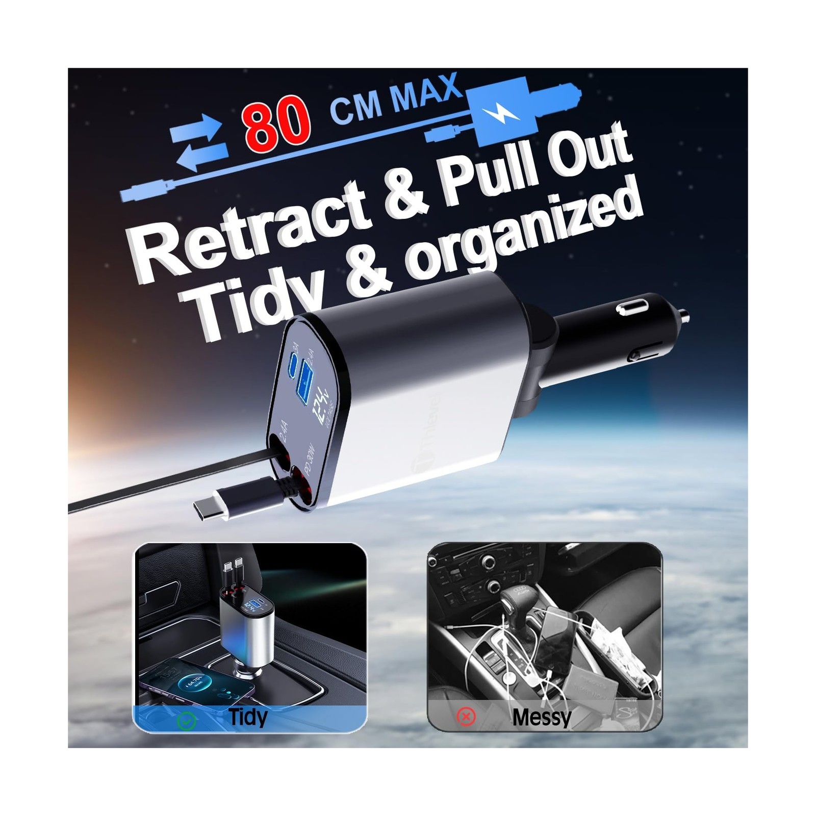 Retractable Car Charger 4 in 1 USB C Fast Charger with Dual Type-C … Fast Ship