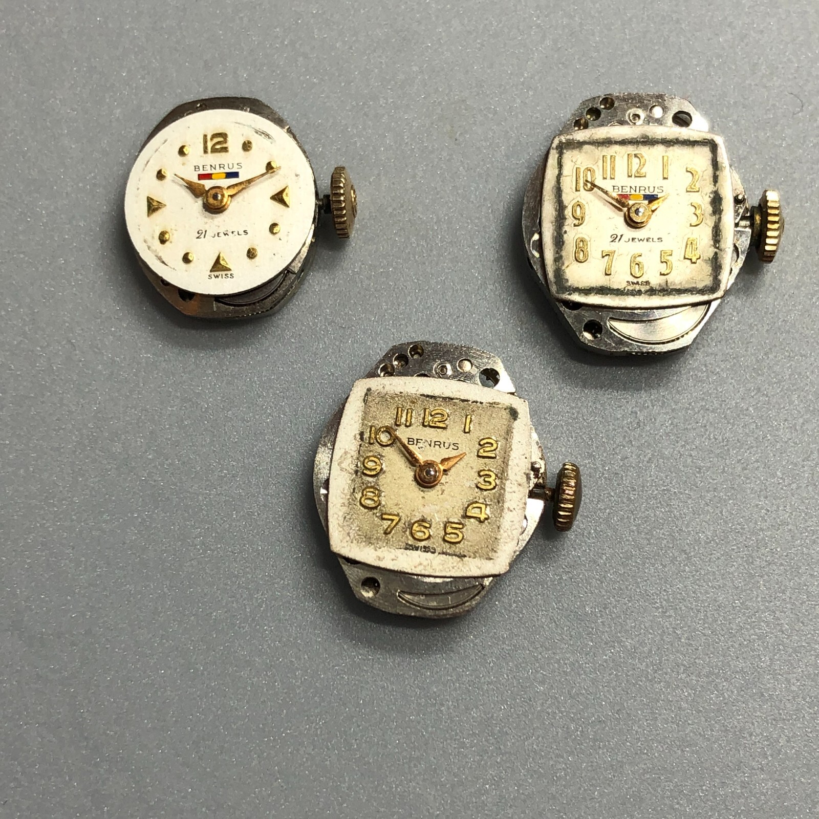 Lot of 3 Benrus 21J 17J Cal BM401 DZ451 BM1 Ladies Watch Movements – 2 Ticking