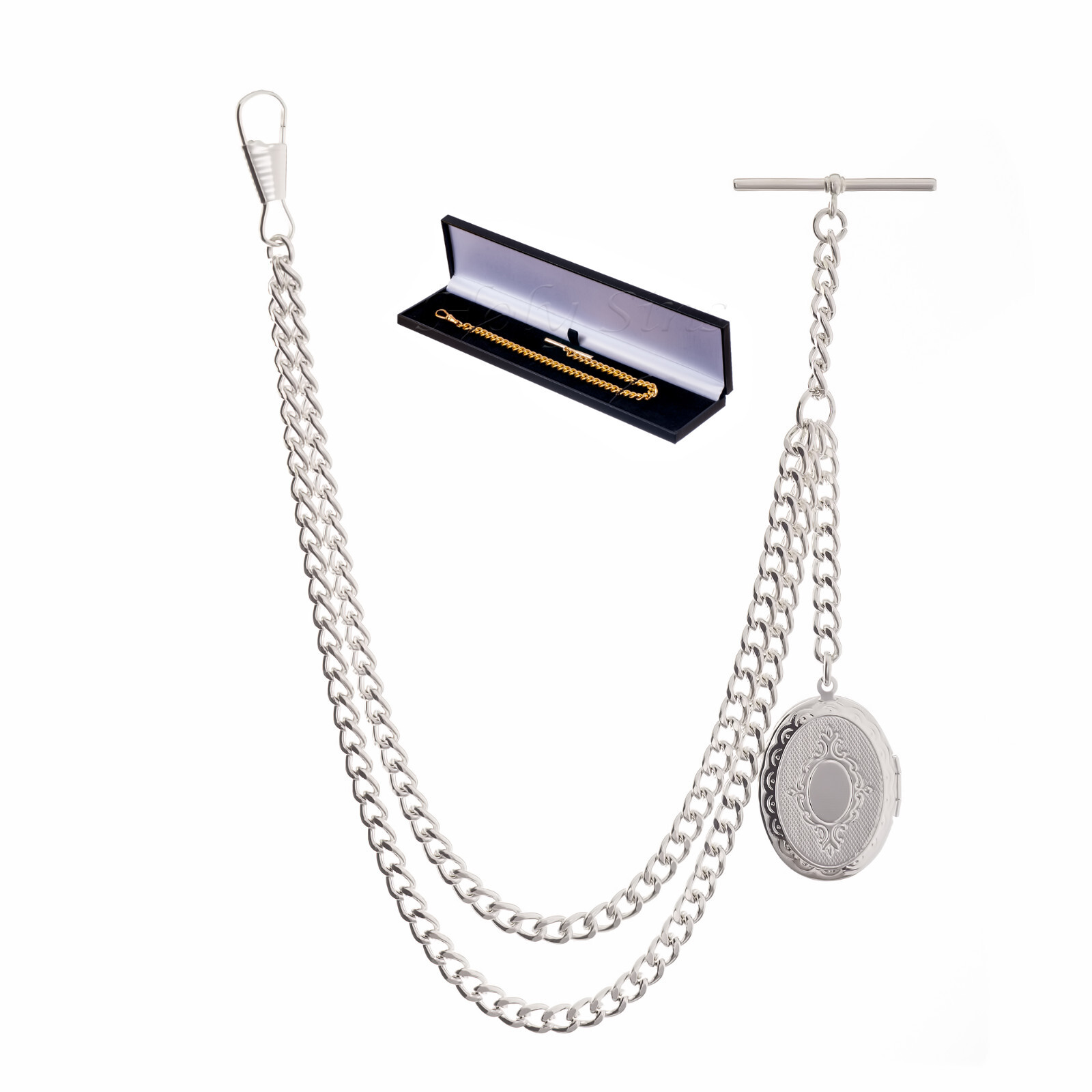 New Sterling Silver Color Single Albert Pocket Watch Chain with Locket Pendant