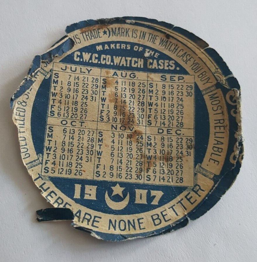 1907 Crescent Watch Case Co Paper Calendar Repair Insert Newark N.J.