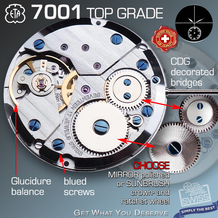 MOVEMENT, ETA 7001, TOP GRADE GLUCYDUR BALANCE, CDG, BLUE SCREWS, SWISS MADE