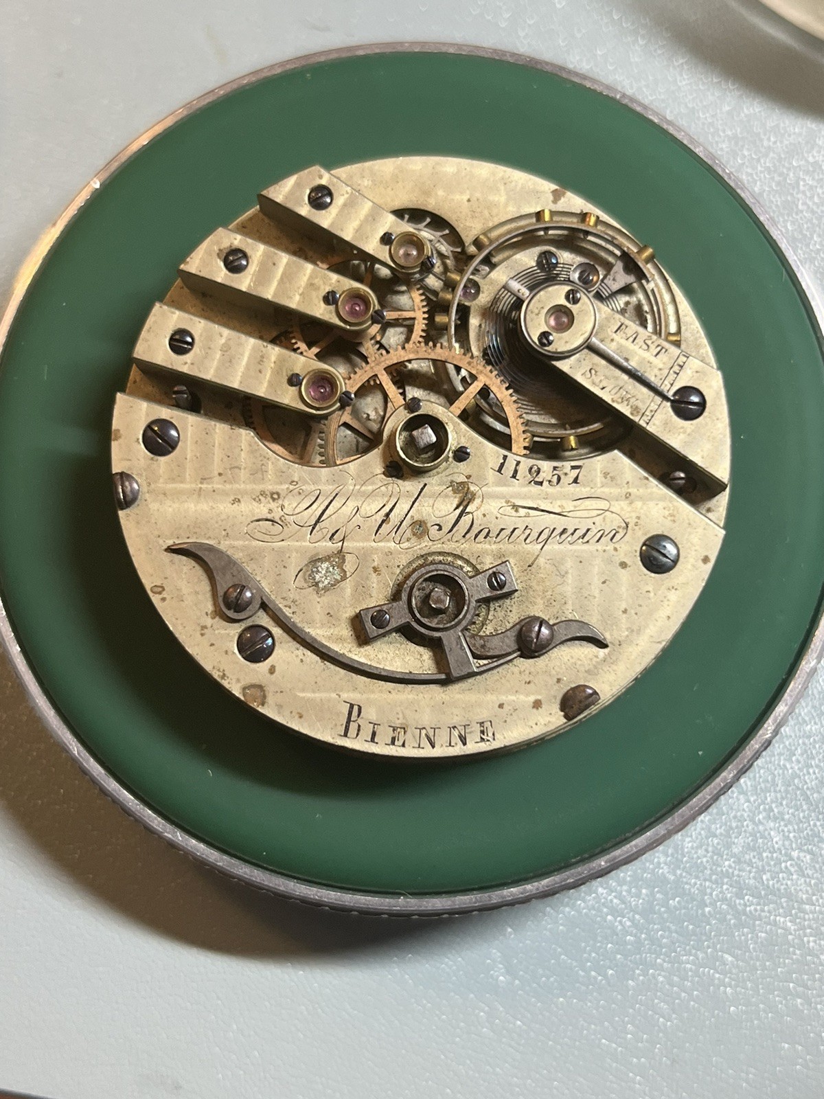 Key Wind A & U Bourquin Pocket Watch Movement Bienne 45.2mm