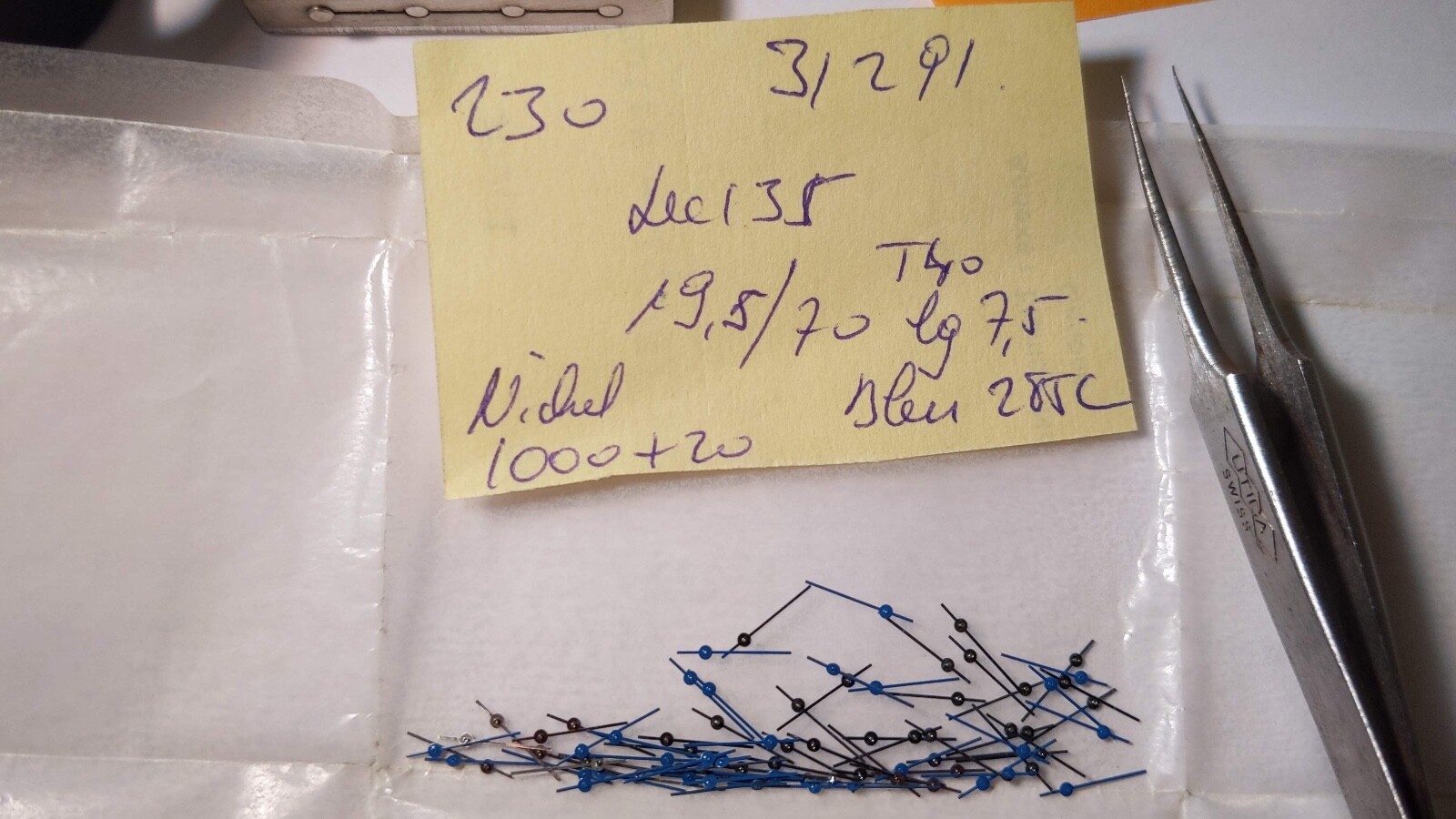 Nickel sweep second hand BLUE/Bleu 19.5/70 T40, New approx 7.5mm length from cen