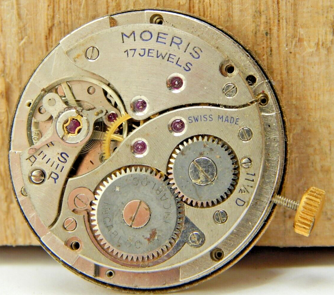 Vintage Moeris 11 1/2D 17 jewel men’s wrist watch movement with dial and hands