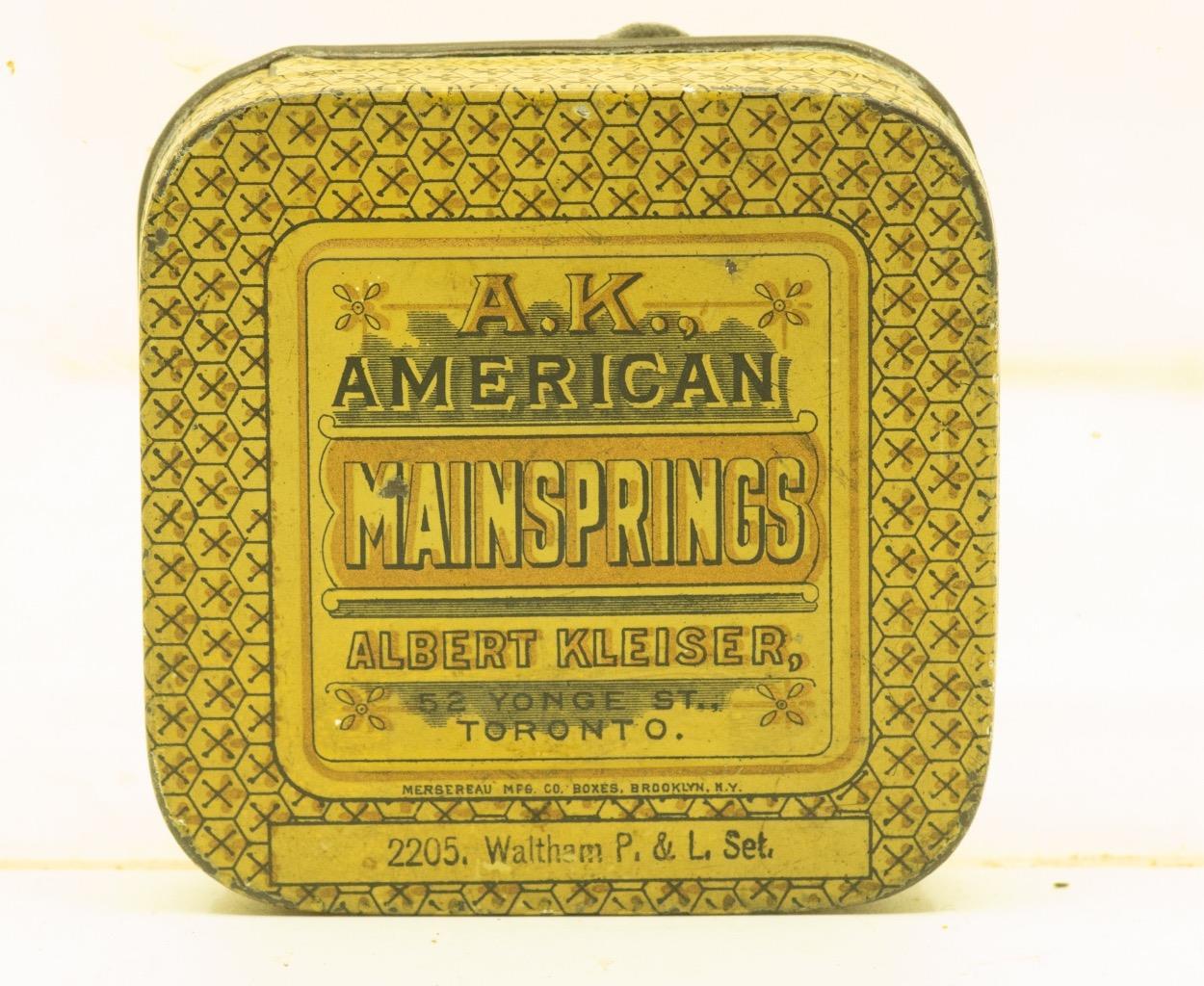 ALBERT KLEISER WATCHMAKER TORONTO: MAINSPRING TIN CIRCA 1920 REF: 8335B