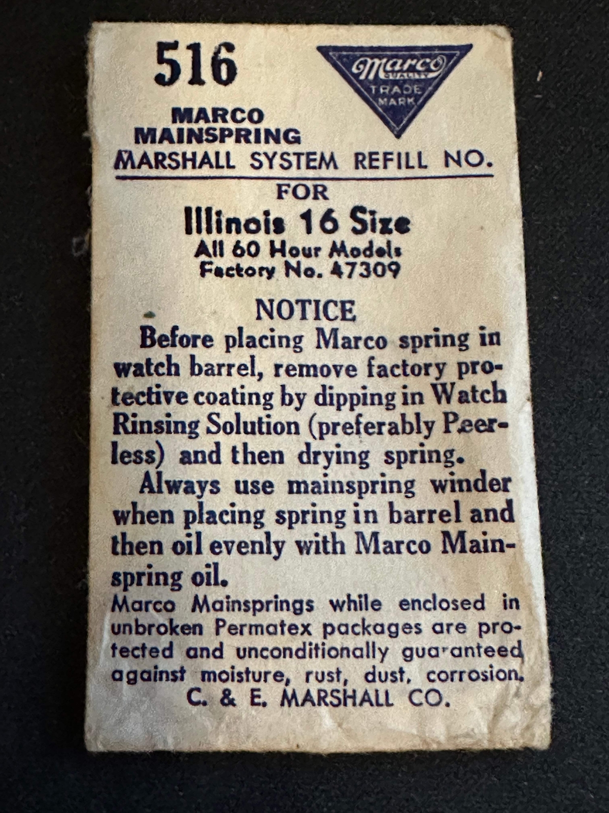Marco Mainspring #516 for Illinois 16s 60hr Factory No. 47309 – Steel