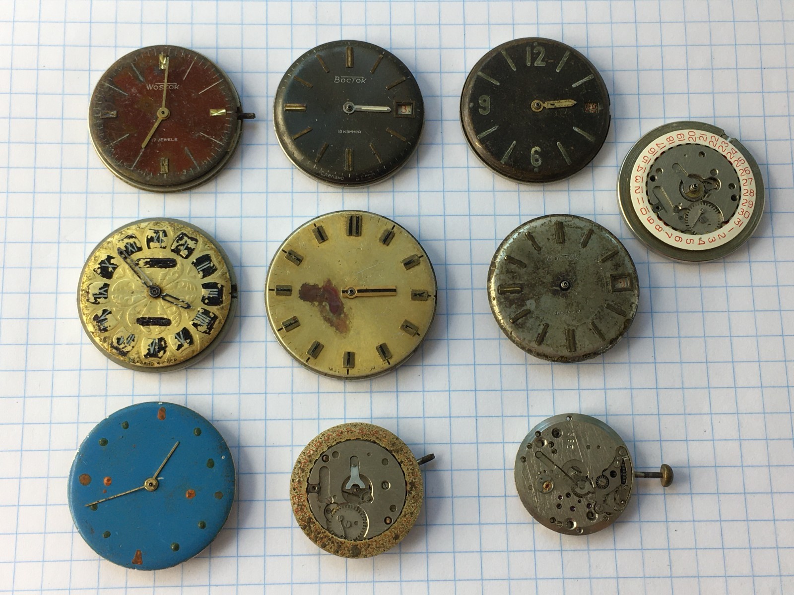 MOVEMENTS (10pcs) FOR MENS WRIST WATCH Vostok USSR for parts