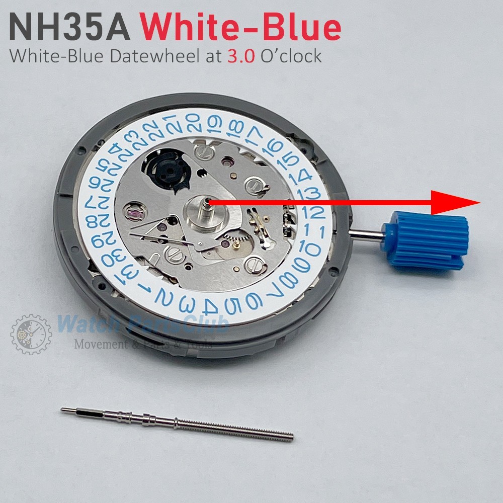 SUPER Japan TMI NH35A Movement White-Blue Date-wheel 3.0/3.8 Crown Blue Text