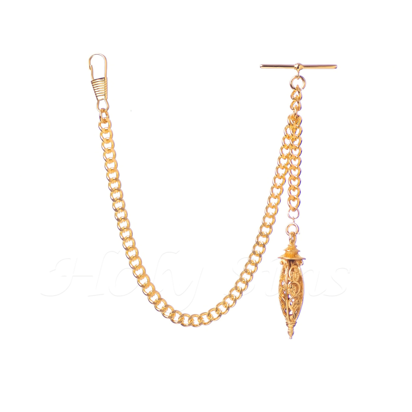 Brand New Gold Colour Single Albert Pocket Watch Fob Chain With Hollow Pendant