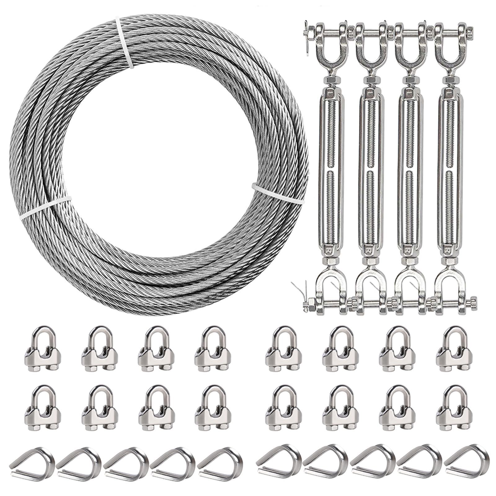 1/4″ Wire Rope Kit, 100ft Stainless Steel Cable with 4Pcs 1/4 Turnbuckle, Cla…