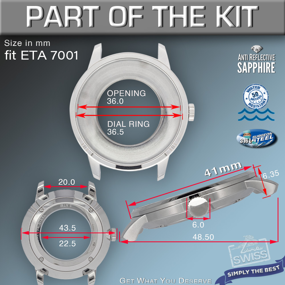 DO IT YOURSELF KIT : SLIM CASE 41MM ROSE GOLD, SILVER , HANDS, BR, fit ETA 7001