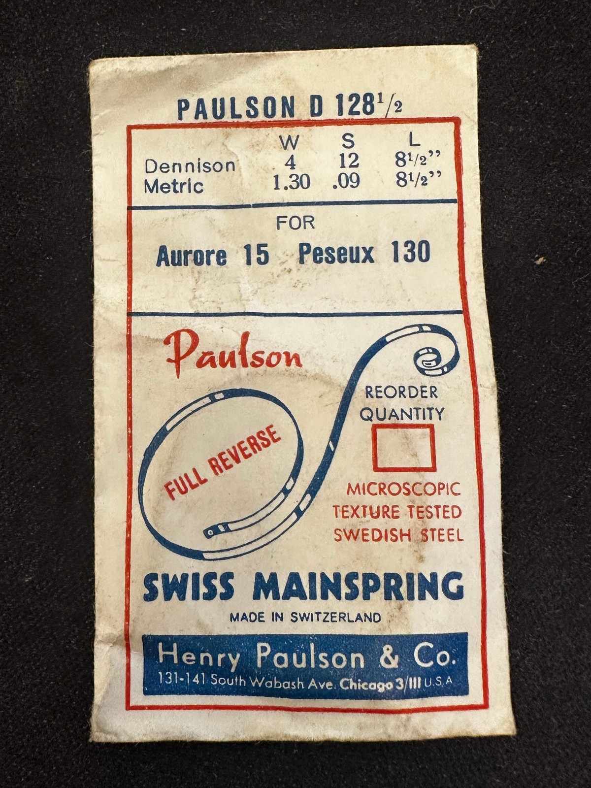 Paulson Mainspring No. D128½ for Aurore caliber 15, Peseux caliber 130 – Steel