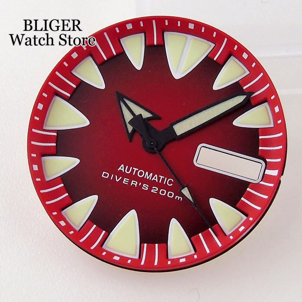 29MM Luminous Red Blue Watch Dial Green Lume Fit NH36 NH36A Week Date Watch Part