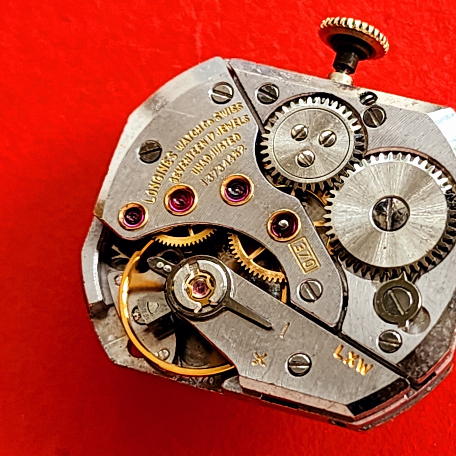 Longines Watch Movement Cal 370 Rectangle Dial Hands Crown Stem Ticks For Parts