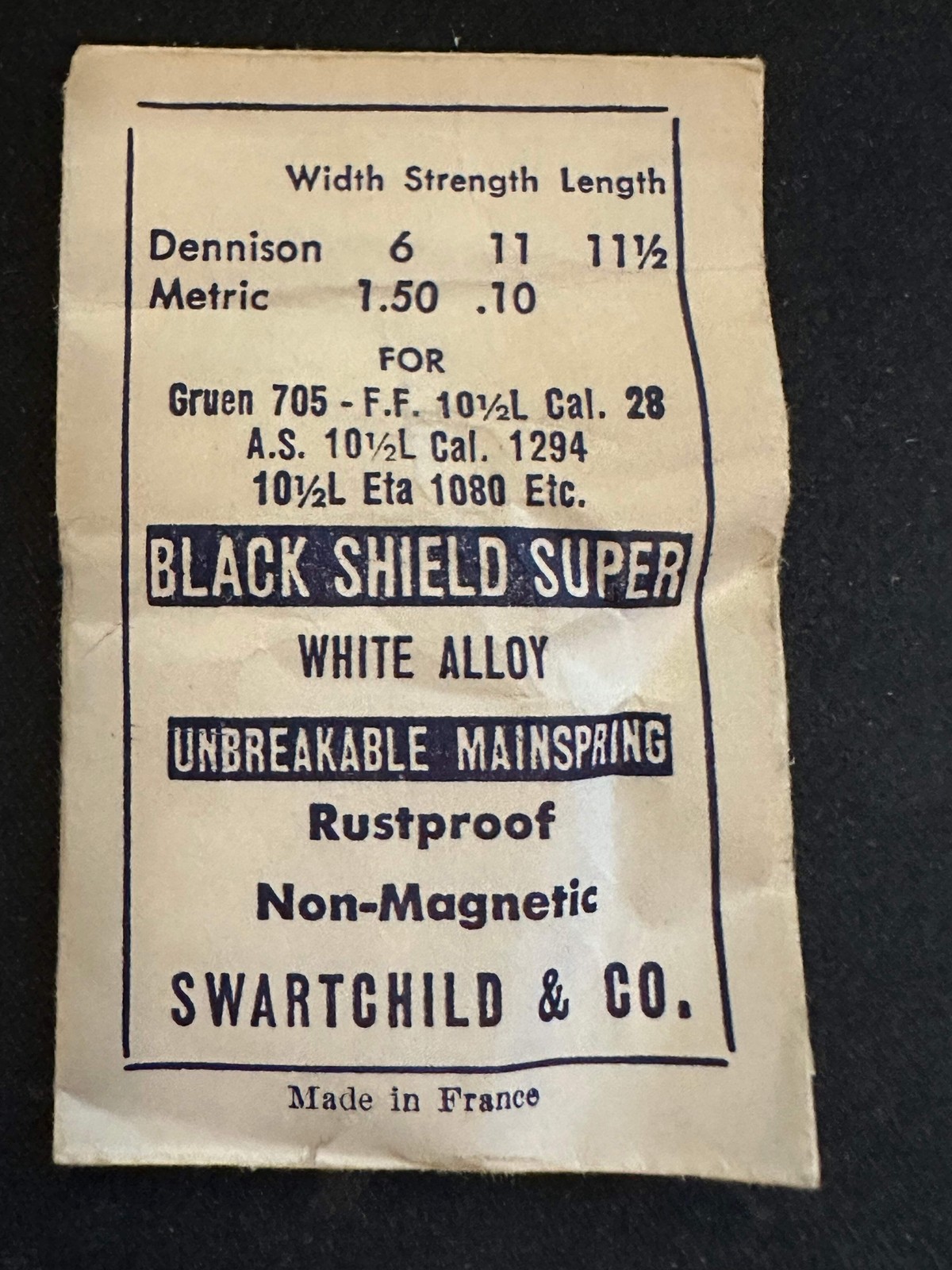 Swartchild Black Shield Mainspring ETA 1080, AS 1294, Gruen 705, Font 28 – Alloy