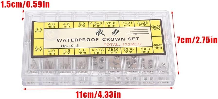 170PCs Stainless Steel Watch Crowns & Stems Assorted Gold Silver Flat Long Mixed