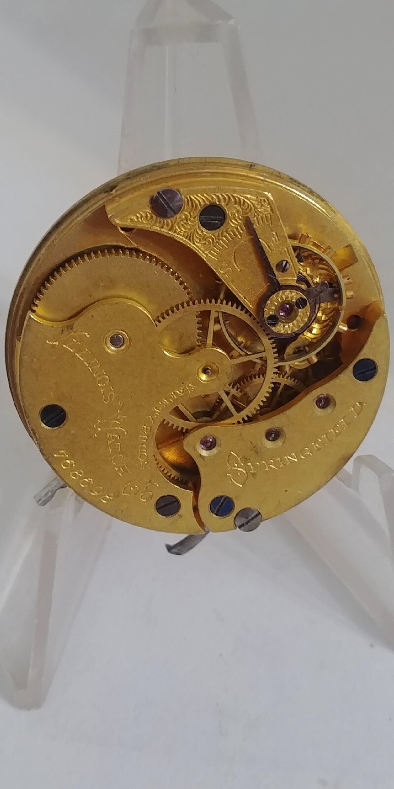 1890 Illinois Springfield Pocket Watch 6s Movement Running, for Parts or Repair.
