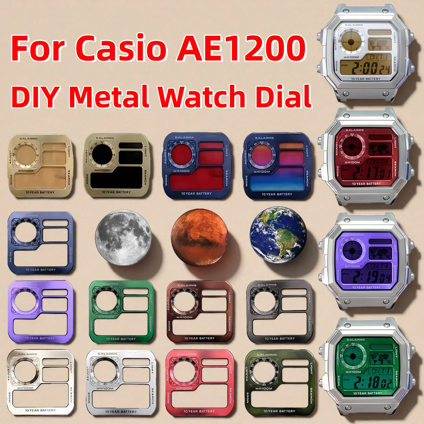 AE1200 DIY Metal Dial for Casio 3299 AE-1200 Copper Dial Mod Kit Replacement Wat
