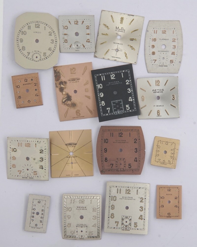 VARIOUS WRISTWATCH DIALS X 16 ART DECO TANK SQUARE AND RECTANGULAR AC161