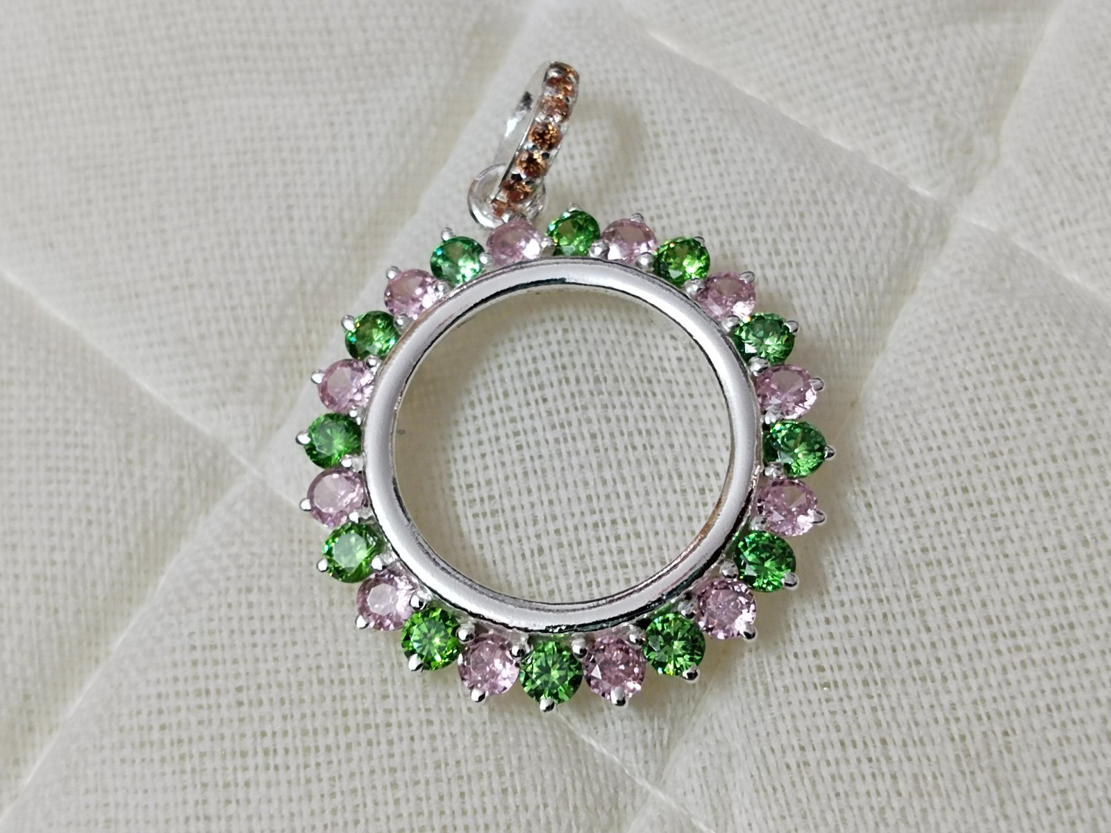 925 Sterling Silver Round Bezel Pendant Blank Green & Pink CZ Handmade Coin